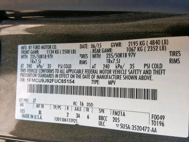 1FMCU9J92FUC85154 - 2015 FORD ESCAPE TIT GRAY photo 10