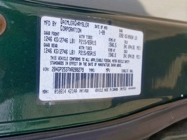 2B4GP2537XR288279 - 1999 DODGE CARAVAN GREEN photo 10