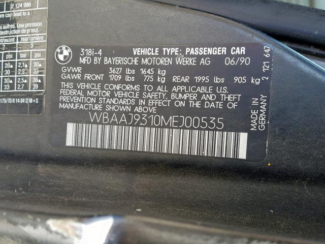 WBAAJ9310MEJ00535 - 1991 BMW 318 I BLACK photo 10