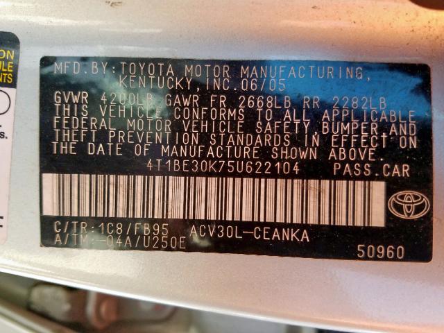 4T1BE30K75U622104 - 2005 TOYOTA CAMRY LE SILVER photo 10