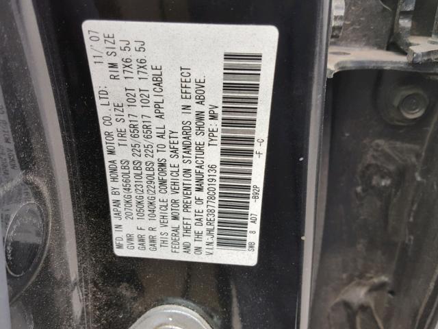 JHLRE38778C019136 - 2008 HONDA CR-V EXL BLACK photo 10