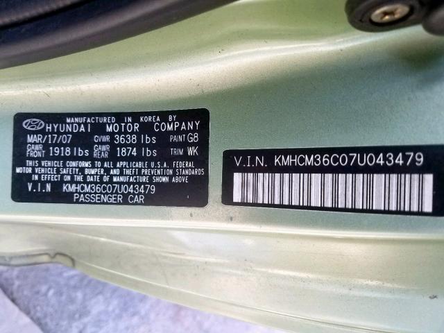 KMHCM36C07U043479 - 2007 HYUNDAI ACCENT GS GREEN photo 10