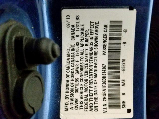 2HGFA1F36BH514367 - 2011 HONDA CIVIC VP BLUE photo 10