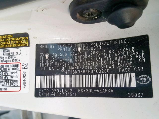 4T1BK36B46U160280 - 2006 TOYOTA AVALON WHITE photo 10