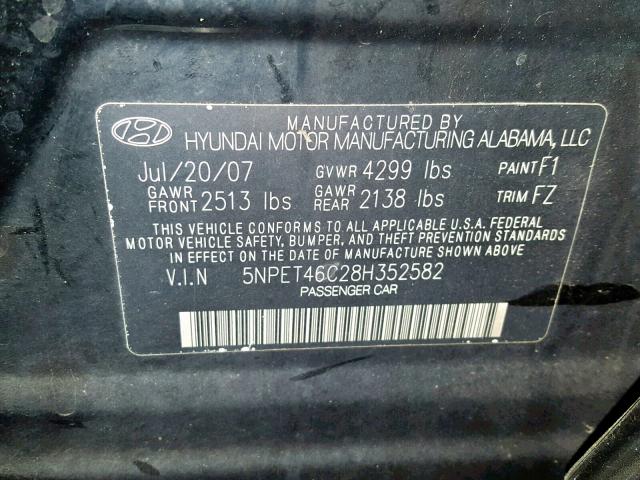 5NPET46C28H352582 - 2008 HYUNDAI SONATA GLS BLACK photo 10