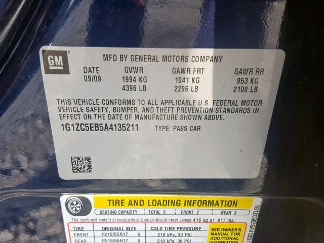 1G1ZC5EB5A4135211 - 2010 CHEVROLET MALIBU 1LT 蓝色 照片 10