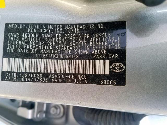 4T1BF1FK3HU689148 - 2017 TOYOTA CAMRY LE SILVER photo 10
