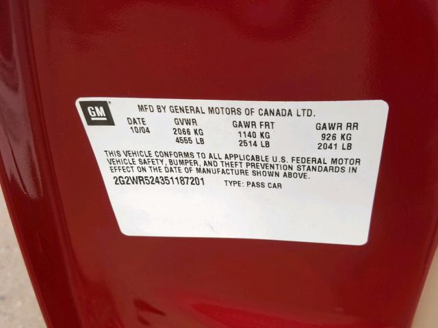 2G2WR524351187201 - 2005 PONTIAC GRAND PRIX BURGUNDY photo 10