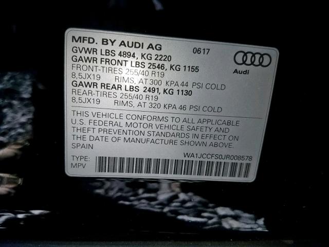 WA1JCCFS0JR008578 - 2018 AUDI Q3 PREMIUM BLACK photo 10