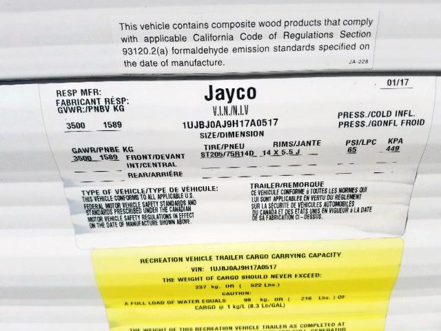 1UJBJ0AJ9H17A0517 - 2017 JAYCO JAYFLIGHT  WHITE photo 10