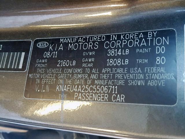 KNAFU4A25C5506711 - 2012 KIA FORTE EX GRAY photo 10