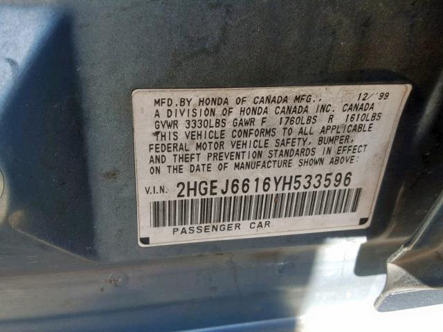 2HGEJ6616YH533596 - 2000 HONDA CIVIC BASE Yaşıl foto 10