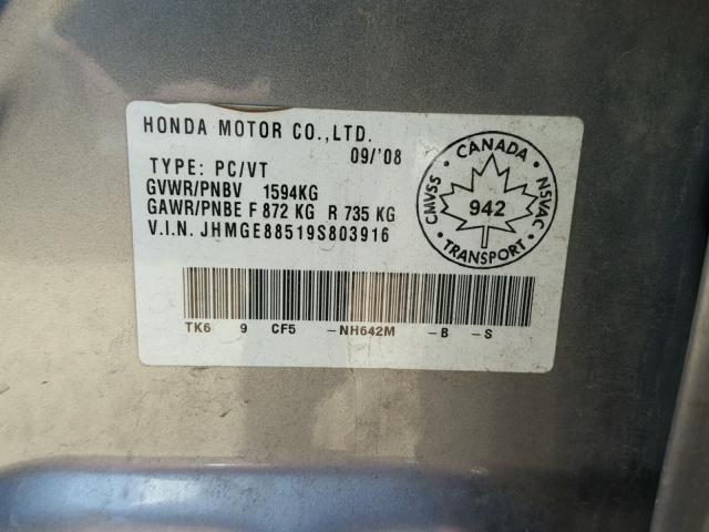 JHMGE88519S803916 - 2009 HONDA FIT LX GRAY photo 10