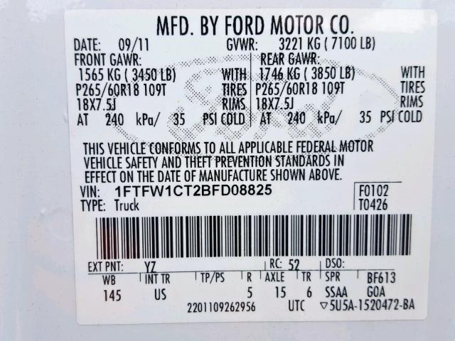 1FTFW1CT2BFD08825 - 2011 FORD F150 SUPER WHITE photo 10