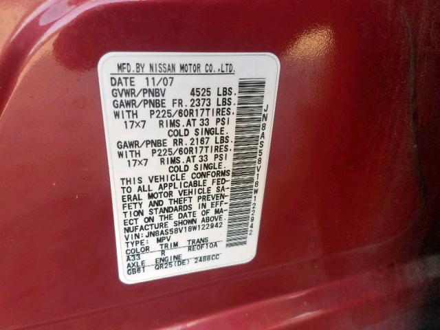 JN8AS58V18W122942 - 2008 NISSAN ROGUE S RED photo 10