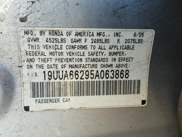 19UUA66295A063868 - 2005 ACURA TL SILVER photo 10