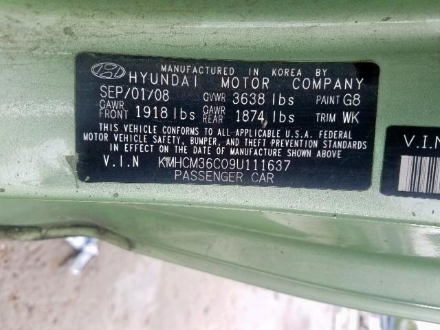 KMHCM36C09U111637 - 2009 HYUNDAI ACCENT GS GREEN photo 10