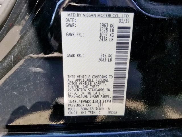 1N4BL4EV6KC183309 - 2019 NISSAN ALTIMA SL BLACK photo 10