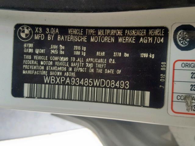 WBXPA93485WD08493 - 2005 BMW X3 3.0I WHITE photo 10