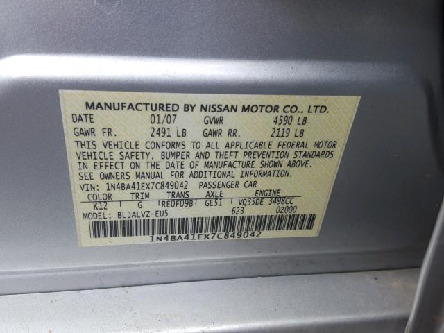 1N4BA41EX7C849042 - 2007 NISSAN MAXIMA SE SILVER photo 10