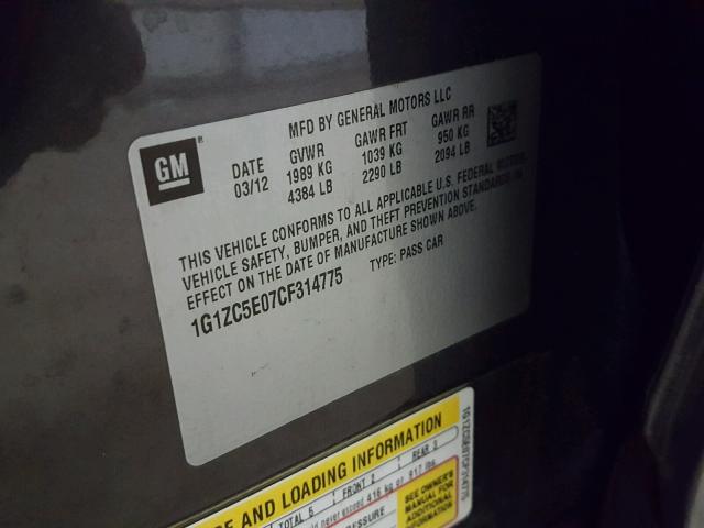 1G1ZC5E07CF314775 - 2012 CHEVROLET MALIBU 1LT GRAY photo 10
