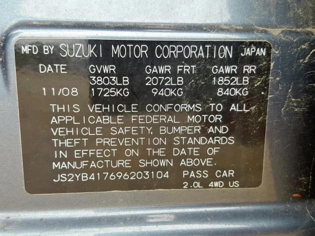 JS2YB417696203104 - 2009 SUZUKI SX4 TOURIN GRAY photo 10