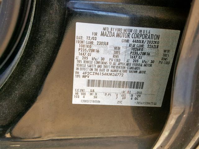 4F2CZ96154KM34772 - 2004 MAZDA TRIBUTE ES 黑色 照片 10