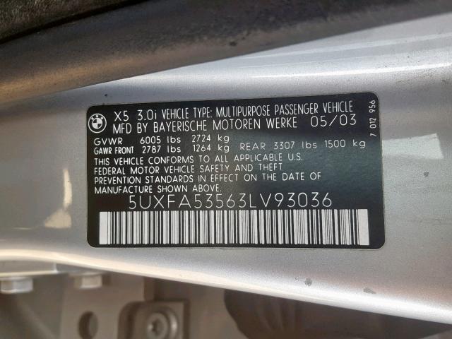 5UXFA53563LV93036 - 2003 BMW X5 3.0I SILVER photo 10