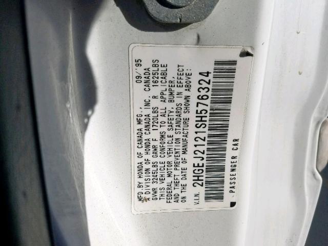 2HGEJ2121SH576324 - 1995 HONDA CIVIC DX WHITE photo 10