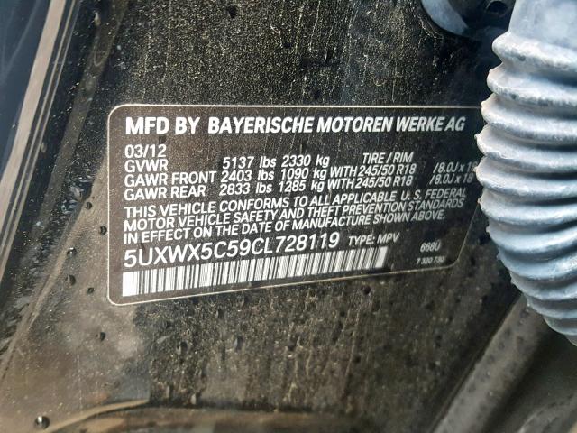 5UXWX5C59CL728119 - 2012 BMW X3 XDRIVE2 BLACK photo 10