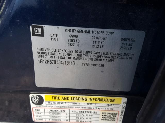 1G1ZH57N494218116 - 2009 CHEVROLET MALIBU 1LT BLUE photo 10