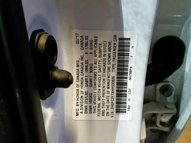 2HGFC2F7XHH530826 - 2017 HONDA CIVIC EX WHITE photo 10