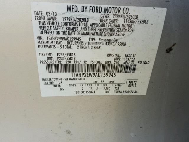 1FAHP2EW9AG159945 - 2010 FORD TAURUS SEL SILVER photo 10