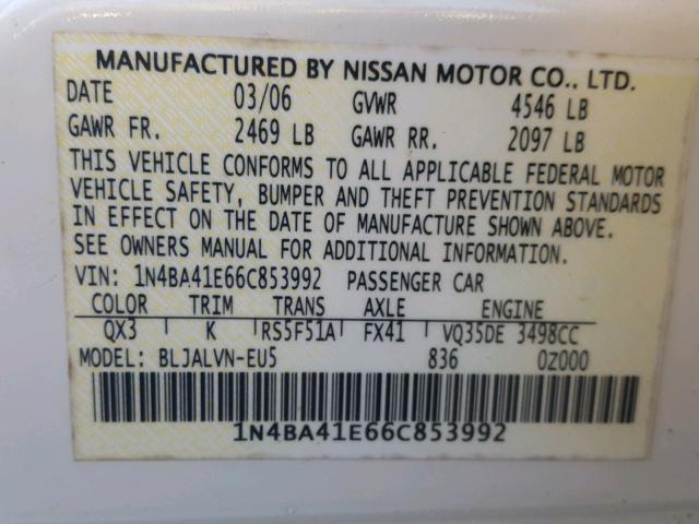 1N4BA41E66C853992 - 2006 NISSAN MAXIMA SE WHITE photo 10