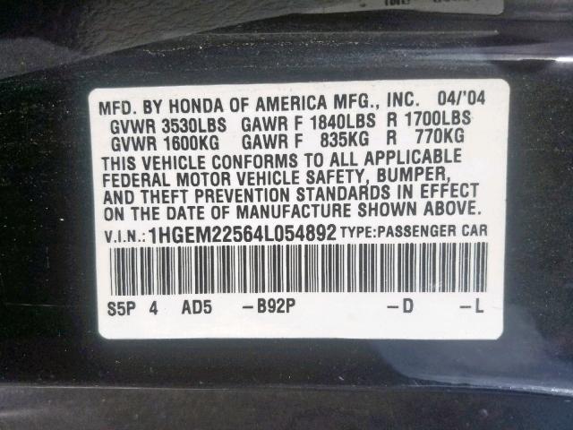 1HGEM22564L054892 - 2004 HONDA CIVIC LX BLACK photo 10