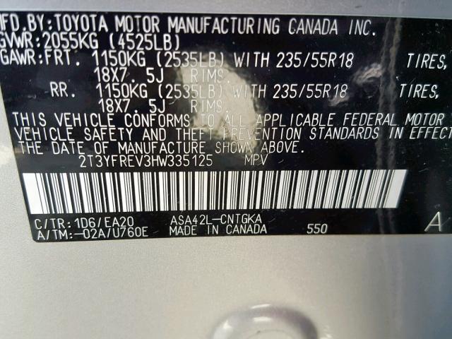 2T3YFREV3HW335125 - 2017 TOYOTA RAV4 LIMIT SILVER photo 10