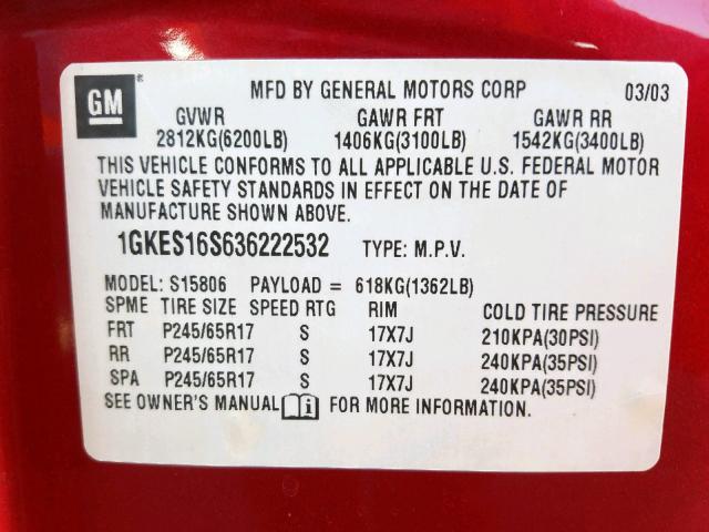 1GKES16S636222532 - 2003 GMC ENVOY XL BURGUNDY photo 10