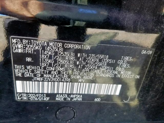 JTMBF32V39D014398 - 2009 TOYOTA RAV4 SPORT BLACK photo 10