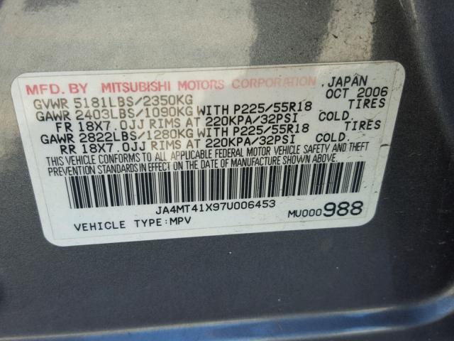 JA4MT41X97U006453 - 2007 MITSUBISHI OUTLANDER GRAY photo 10