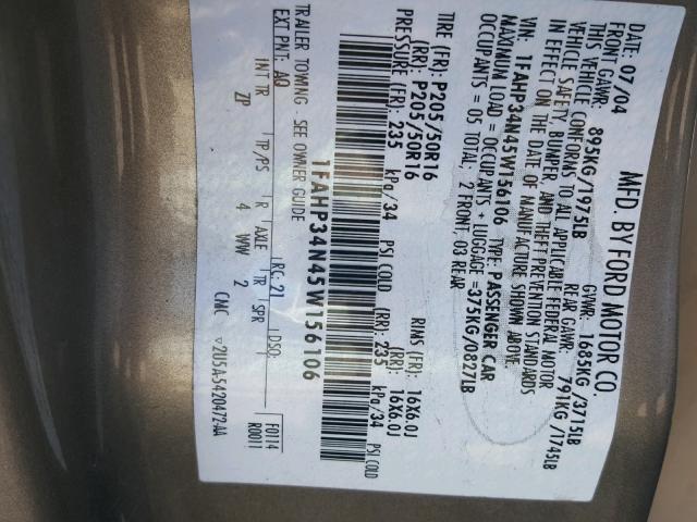 1FAHP34N45W156106 - 2005 FORD FOCUS ZX4 GOLD photo 10