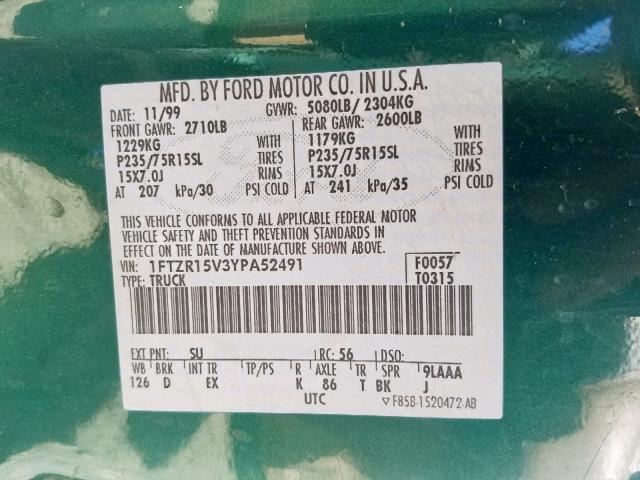 1FTZR15V3YPA52491 - 2000 FORD RANGER SUP GREEN photo 10