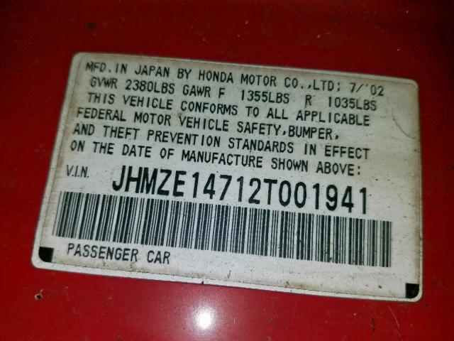 JHMZE14712T001941 - 2002 HONDA INSIGHT RED photo 10