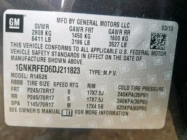 1GNKRFED6DJ211823 - 2013 CHEVROLET TRAVERSE L CHARCOAL photo 10