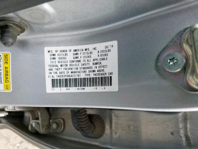 1HGCR2F89EA251761 - 2014 HONDA ACCORD EXL SILVER photo 10