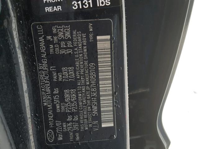 5NMSH13E87H088109 - 2007 HYUNDAI SANTA FE S BLACK photo 10