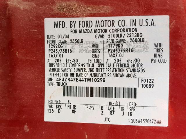 4F4ZR47E44TM10298 - 2004 MAZDA B4000 CAB RED photo 10