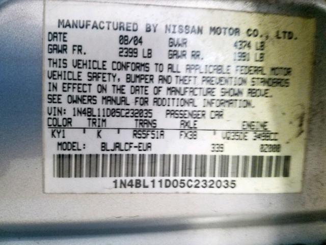 1N4BL11D05C232035 - 2005 NISSAN ALTIMA SE SILVER photo 10