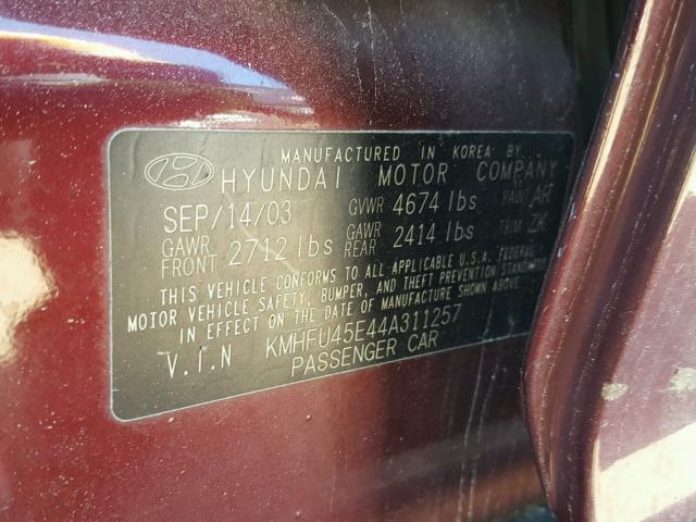 KMHFU45E44A311257 - 2004 HYUNDAI XG 350 BURGUNDY photo 10