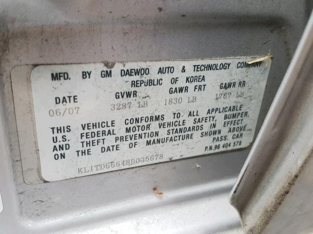 KL1TD66648B035678 - 2008 CHEVROLET AVEO BASE Күміс фото 10