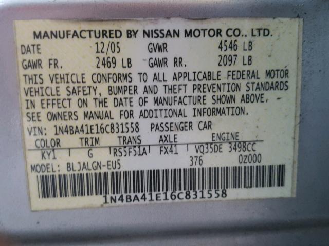 1N4BA41E16C831558 - 2006 NISSAN MAXIMA SE SILVER photo 10